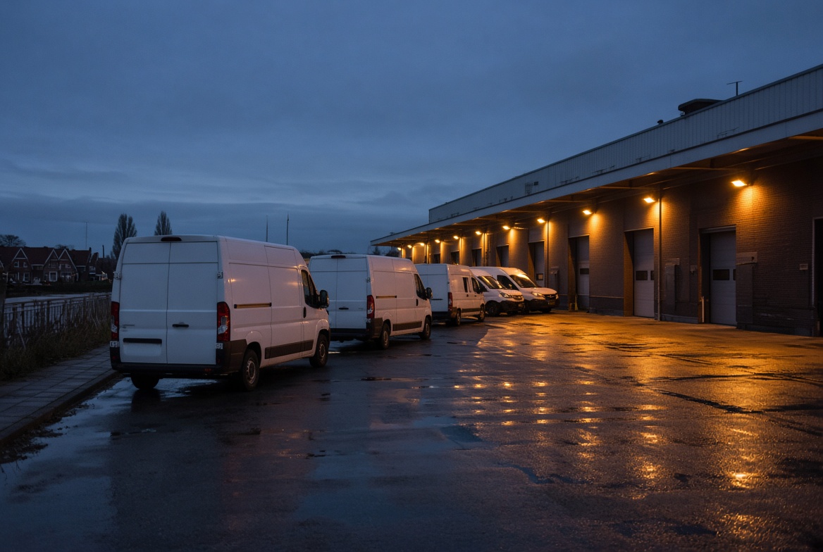 White delivery vans at a logistics depot